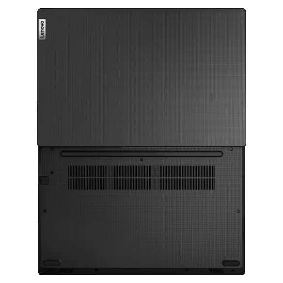 Aerial view of Lenovo V14 Gen 3 (14” AMD) laptop, opened 180 degrees flat, showing rear top and bottom covers