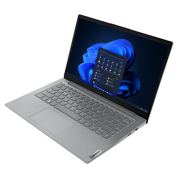 Lenovo V14 Gen 4 laptop in Arctic Grey showcasing the display with Windows 11 Pro Start menu and the keyboard. 