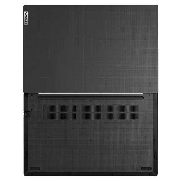 Lenovo V15 Gen 2 (15” Intel) laptop – rear/bottom view, lying flat with lid completely open