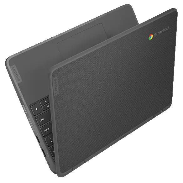 A Lenovo 500e Yoga Chromebook 2-in-1 Gen 4 open 20° & shown as if standing on its rear edge