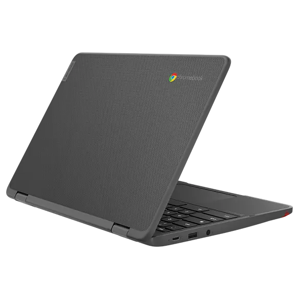 Eye-level, left-rear corner view of a Lenovo 500e Yoga Chromebook 2-in-1 Gen 4 laptop open 70°