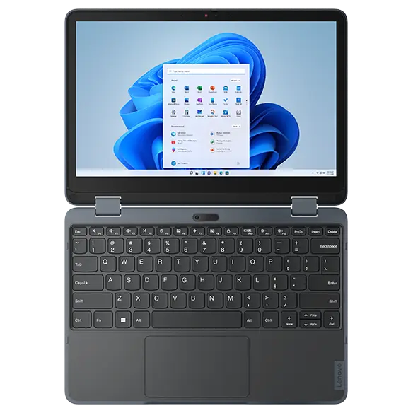 Lenovo 300w Yoga Gen 4 (11” Intel) 2-in-1 laptop – top view with cover open 180 degrees, showing Windows menu