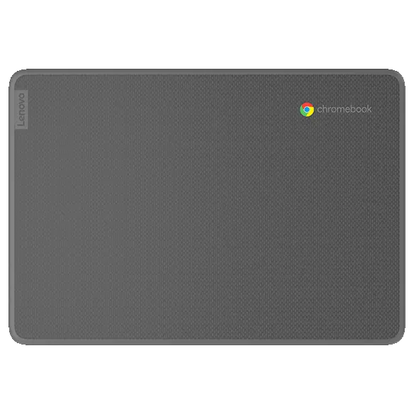 Aerial view of Lenovo 100e Chromebook Gen 4, closed, showing Chromebook & Lenovo logos on front cover