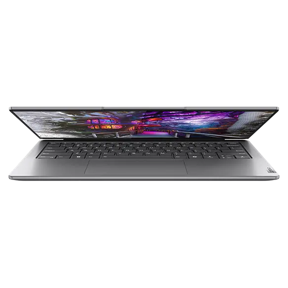 Front-facing view of slightly open Luna Grey Yoga Slim 7i Gen 9 laptop