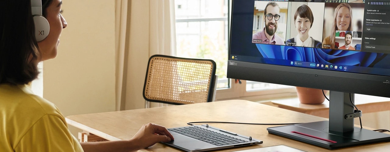 A person seamlessly collaborating online with mates using the Lenovo ThinkBook Plus Gen 5 Hybrid (14” Intel) Station, connecting it to a big screen monitor with no lags & interruptions.