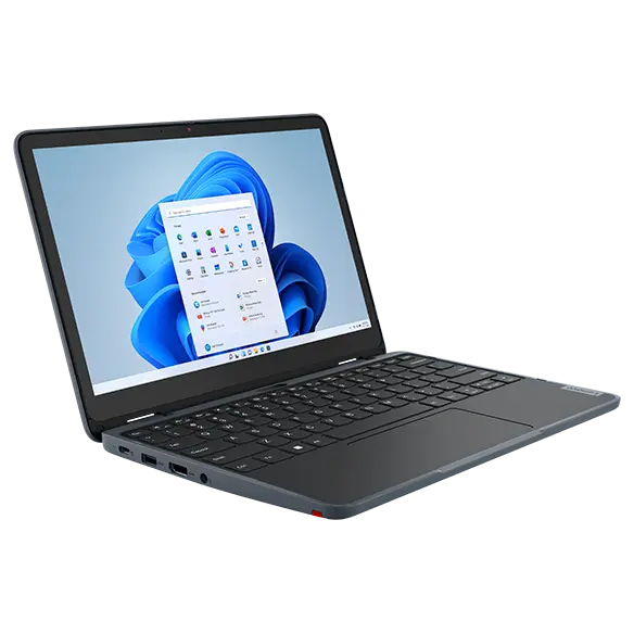 Lenovo 300w Yoga Gen 4 (11” Intel) 2-in-1 laptop – laptop mode, from front left, showing Windows menu