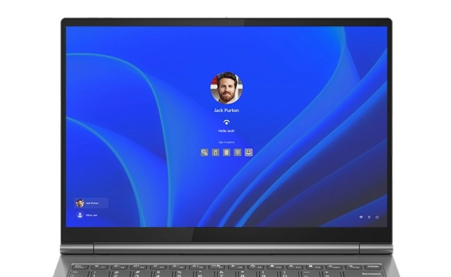 Front view of Lenovo ThinkBook Plus Gen 5 Hybrid (14” Intel) laptop’s display showing diverse & secure login options for users.