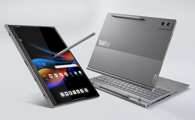 Image showing versatile use of Lenovo ThinkBook Plus Gen 5 Hybrid (14” Intel) laptop with attach/detach Tablet capabilities & diverse options for magnetic stylus to use & attach.