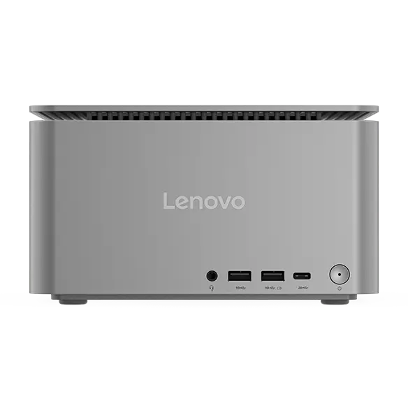 Lenovo ThinkCentre Neo Ultra (Intel) USFF with USB-C & A, audio ports, power button & efficient thermal vent.