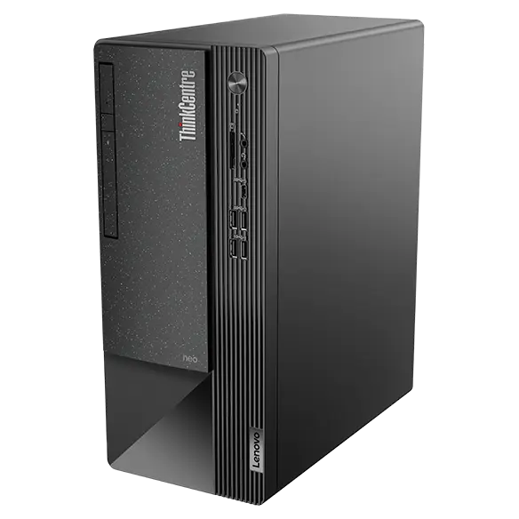 The front and right sides of the ThinkCentre Neo 50t Gen 4 (Intel) business tower, viewed at eye level