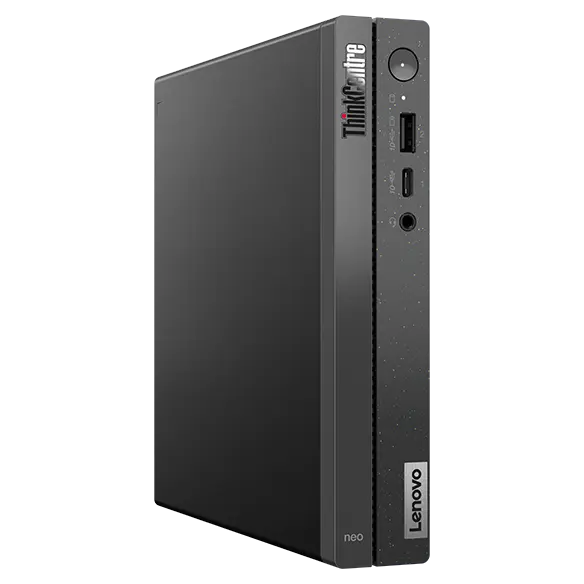 Side-facing Lenovo ThinkCentre Neo 50q Gen 4 Tiny (Intel), stood vertically, showing front & left-side panels