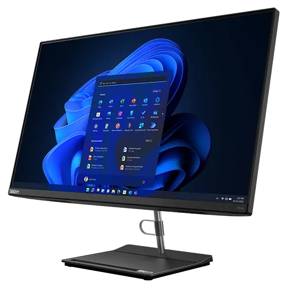 Right-side view of Lenovo ThinkCentre Neo 30a all-in-one desktop PC, showing 27&quot; display with Windows 11 & space-saving stand