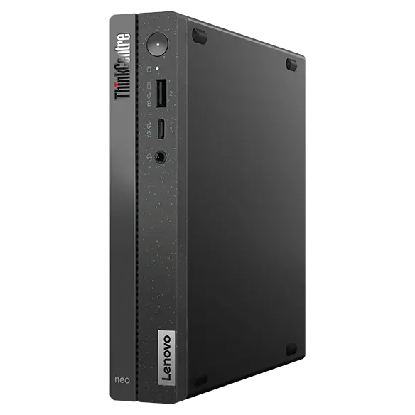 Side-facing Lenovo ThinkCentre Neo 50q Gen 4 Tiny (Intel), stood vertically, showing front ports & right-side panel