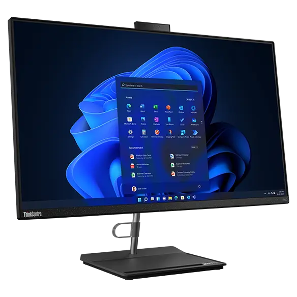 Left-side view of Lenovo ThinkCentre Neo 30a all-in-one desktop PC, showing 27&quot; display with Windows 11 & space-saving stand