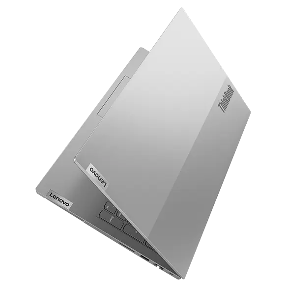 Back right angle view of the Lenovo ThinkBook 15 Gen 4 (Intel) laptop, partial opened, showing the cover and part of the keyboard