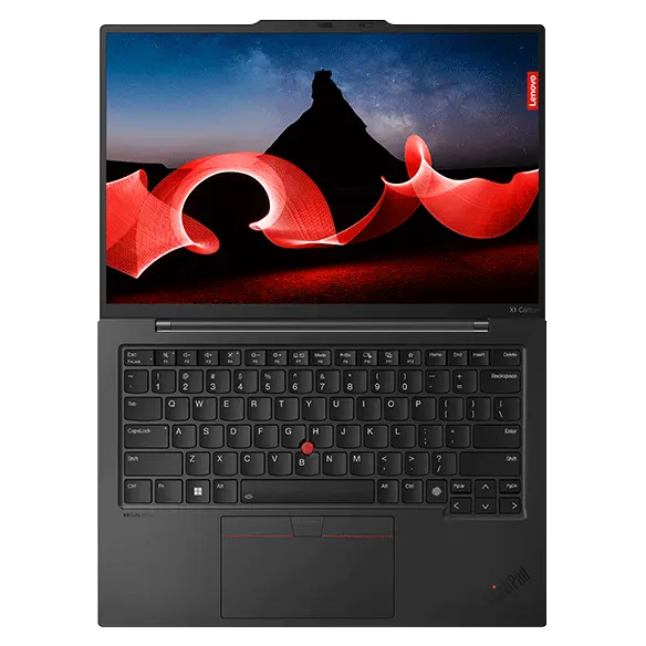 Overhead shot of Lenovo ThinkPad X1 Carbon Gen 12 laptop open 180 degrees, showing keyboard, & display.