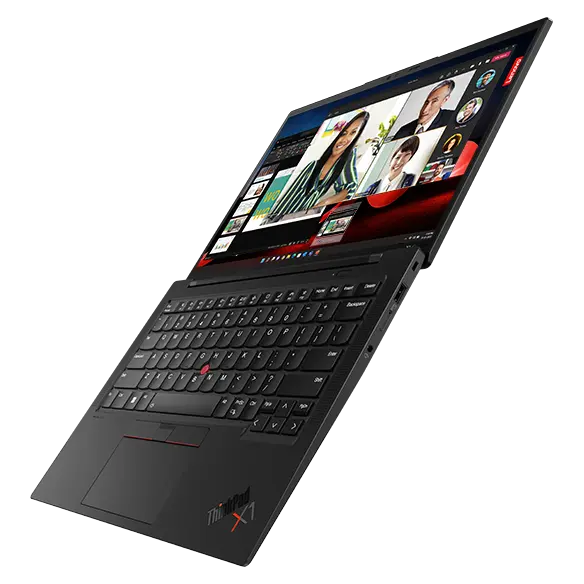 Lenovo ThinkPad X1 Carbon laptop: Right-front view, lid open flat with a Windows menu on the display, angled as if it's leaning backward from its front edge
