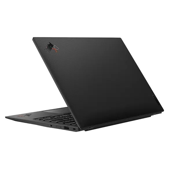 Lenovo ThinkPad X1 Carbon laptop with carbon-fiber weave: Bottom view, lid open flat