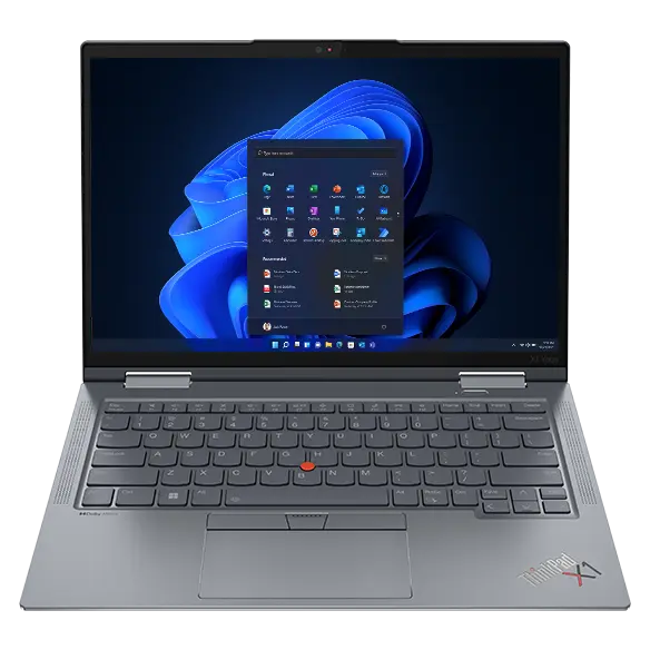 Overhead shot of the Lenovo ThinkPad X1 Yoga Gen 8 2-in-1 laptop open 90 degrees, showcasing Windows 11 Pro on the display along with TrackPoint keyboard.