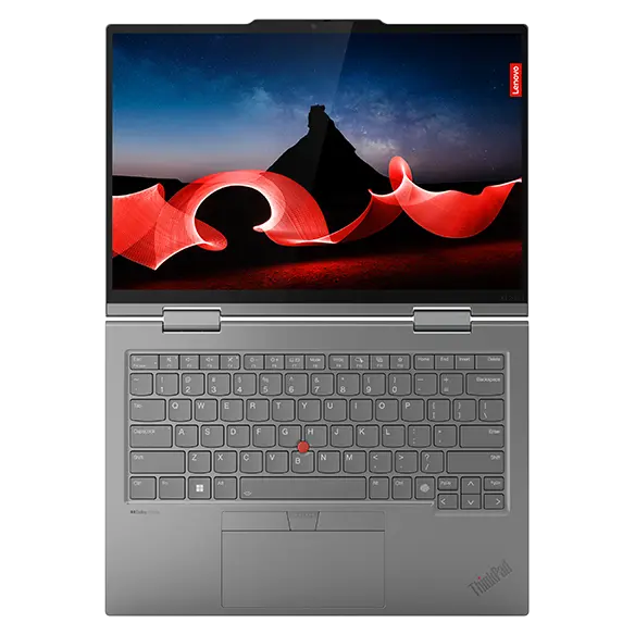 Overhead shot of the Lenovo ThinkPad X1 2-in-1 convertible laptop open 180 degrees, showcasing the display & keyboard.
