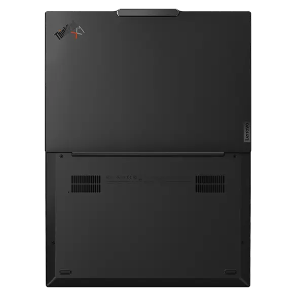 Overhead shot of Lenovo ThinkPad X1 Carbon Gen 12 laptop open 180 degrees, showing bottom & top covers.