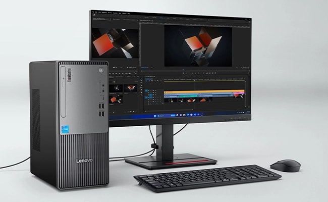 Lenovo ThinkCentre Neo 50t Gen 5 (Intel) Tower mit dedizierter Intel Arc GPU für kreative Projekte.