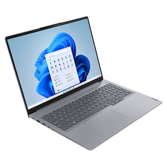 Overhead shot of Lenovo ThinkBook 16 Gen 6 laptop showing display with Windows 11 Start menu, keyboard, & left-side ports & slots.