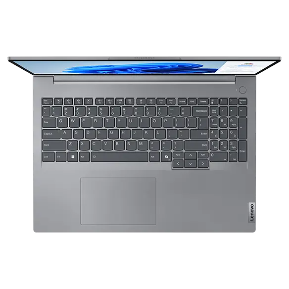 Overhead short of Lenovo ThinkBook 16 Gen 7 (16 inch Intel) laptop opened at 90 degrees, focusing its keyboard & touchpad.