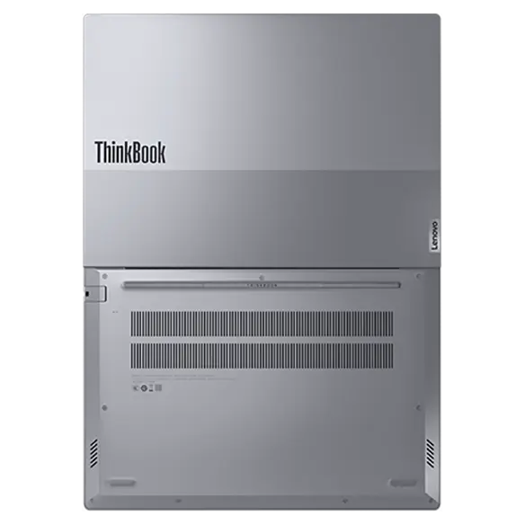 ThinkBook 14 Gen 6 (14ʺ Intel) laptop—bottom view, lid open 180 degrees