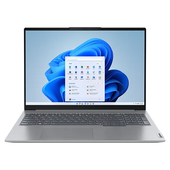 Front-facing Lenovo ThinkBook 16 Gen 6 laptop, open 90 degrees.