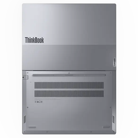 Overhead shot of the Lenovo ThinkBook 14 Gen 7 laptop, top & bottom covers, open 180 degrees with lay-flat hinge.