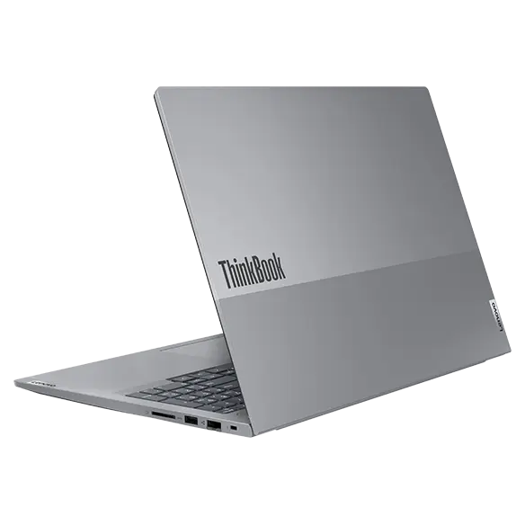 Rear-side of the Lenovo ThinkBook 16 Gen 7 laptop open, showcasing the dual-toned cover & right-side ports.