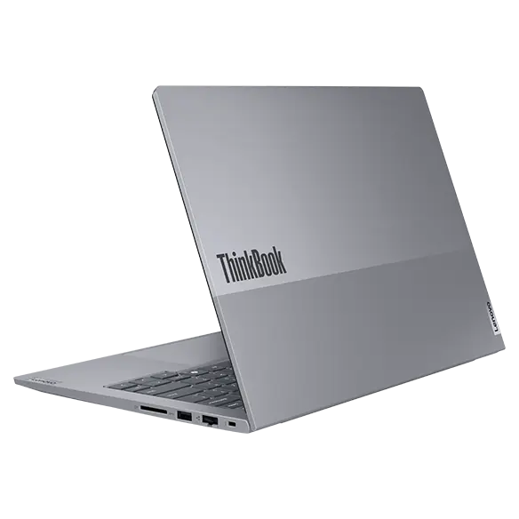 Rear-side of the Lenovo ThinkBook 14 Gen 7 laptop open, showcasing the dual-toned cover & right-side ports.