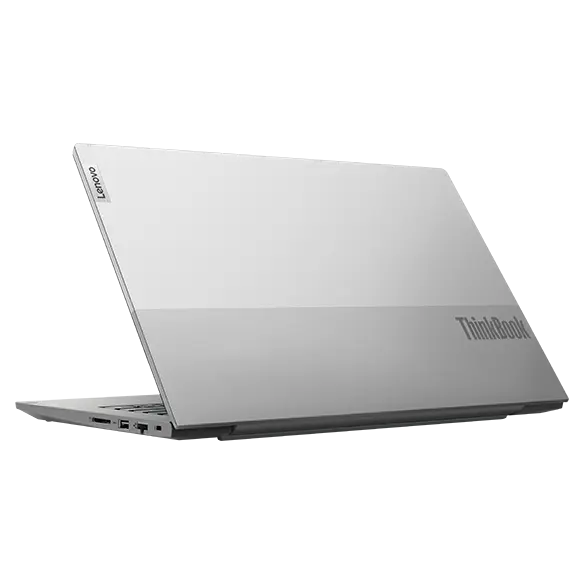 Back right angle view of a partially opened Lenovo ThinkBook 14 Gen 4 (Intel) laptop