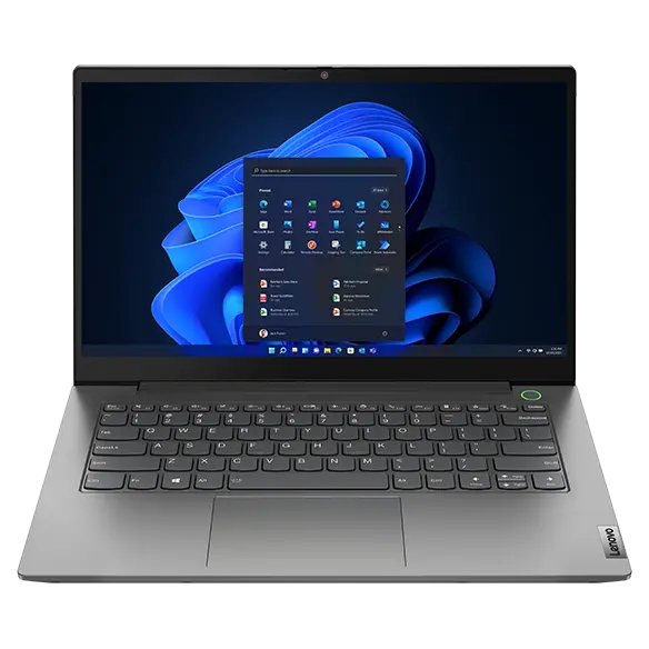 Front view of an open Lenovo ThinkBook 14 Gen 4 (Intel) laptop with controls and an abstract blue shape on the screen