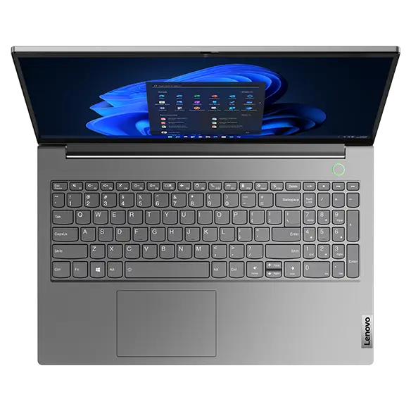 Overhead shot Lenovo ThinkBook 15 Gen 5 (15ʺ AMD) laptop open 90 degrees, with emphasis on keyboard.