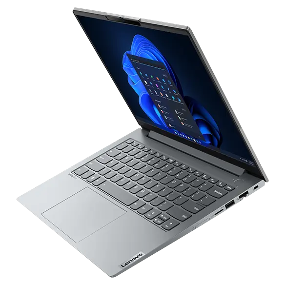 Lenovo ThinkBook 14 Gen 4+ laptop open 90 degrees, angled to show right-side ports, keyboard, & display.