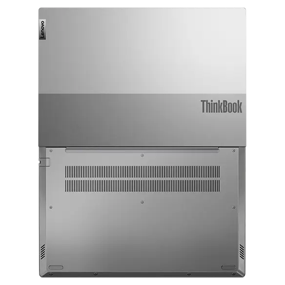 Bottom view of the Lenovo ThinkBook 14 Gen 4 (Intel) laying flat, showing the dual-tone silver color and bottom vents