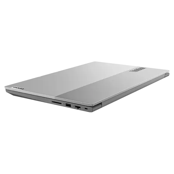 Lenovo ThinkBook 15 Gen 5 laptop closed cover, angled to show left-side ports.