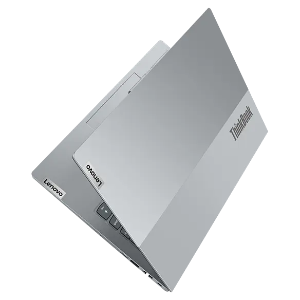 Arctic Grey dual-tone cover of Lenovo ThinkBook 14 Gen 4+ laptop angled like a book on its spine.