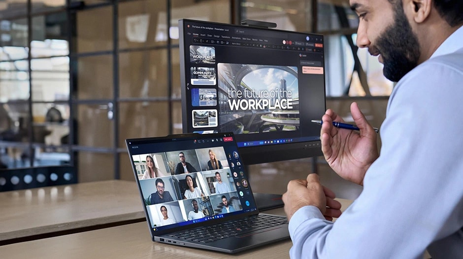Easily connect a monitor through the HDMI port or DisplayPort functionality of the Thunderbolt4 ports on the Lenovo ThinkPad X1 Carbon Gen 13 Aura Edition laptop.