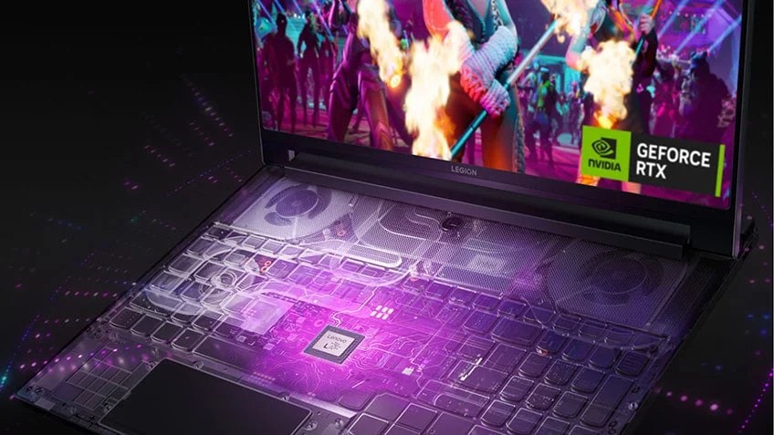 An AI-powered laptop with a game on the screen and keyboard that’s glowing purple