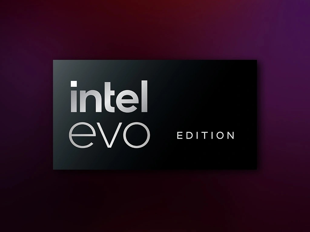 Intel Evo 版本標誌置於深紅色背景上