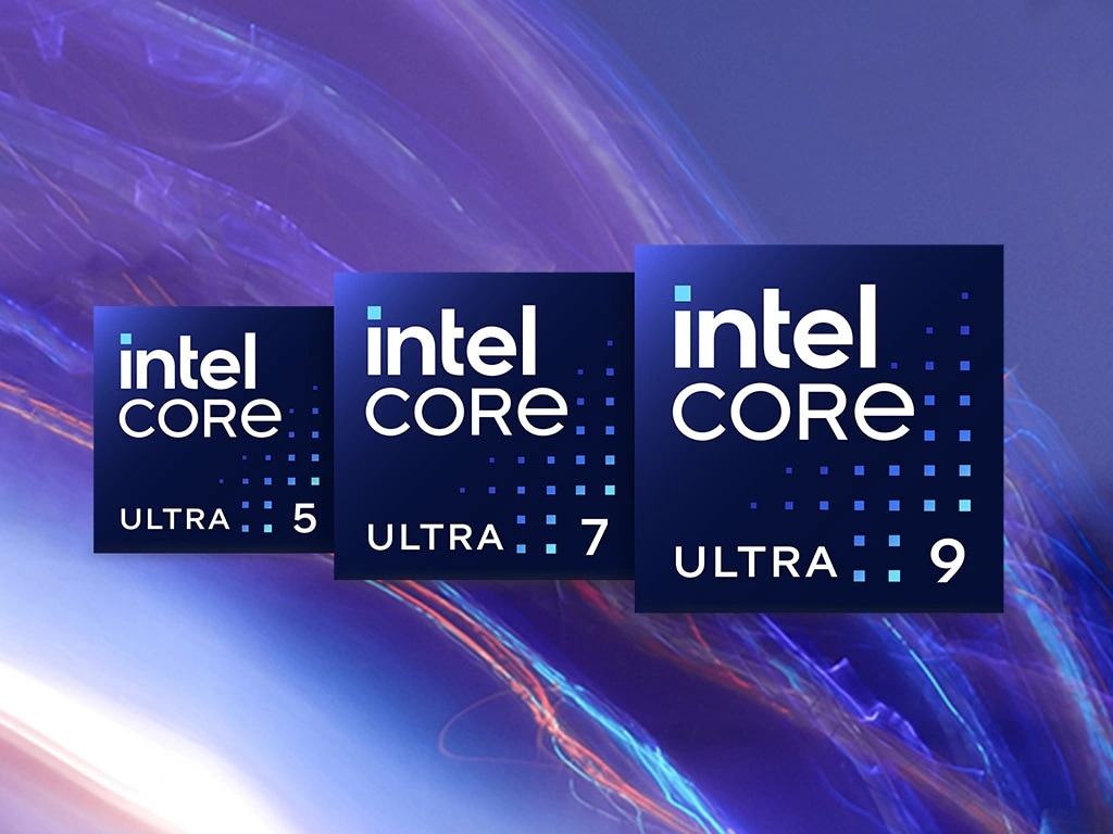 Intel Core Ultra logos against a background of red and blue lightstreams