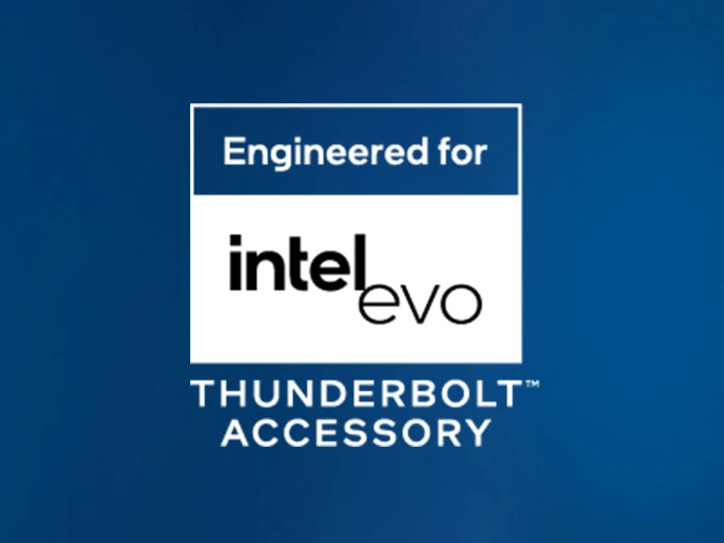 標示「專為 Intel Evo Thunderbolt 配件設計打造」的標誌置於藍色背景上