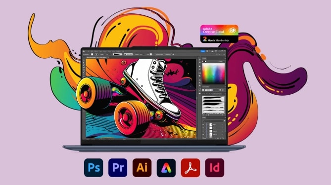 Un dibujo brillante de un patín en la pantalla de una laptop, con los logotipos de las aplicaciones de Adobe Creative Cloud debajo 