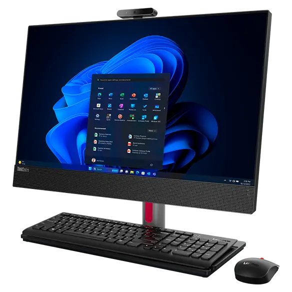 Forward-facing Lenovo ThinkCentre M90a Gen 5 (24″ Intel) all-in-one PC, at an angle, showing display, with keyboard on base & wireless mouse