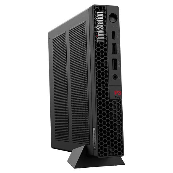 Lenovo ThinkStation P3 Tiny Workstation, at a slight angle, showing ThinkStation logo & front ports, & left-side panel