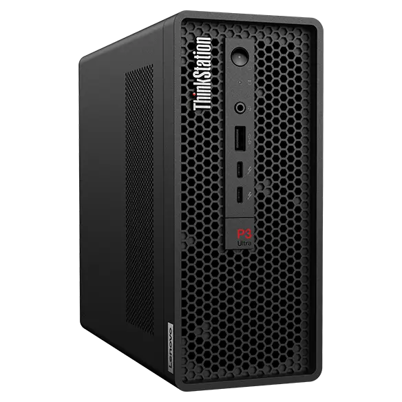 Forward-facing Lenovo ThinkStation P3 Ultra Workstation, at slight angle, showing front ports & left-side panel