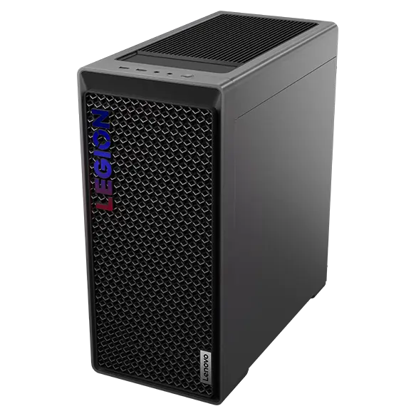 High-angle, front-right corner view of the Legion Tower 5i Gen 8 (Intel) gaming PC, showing the top-facing ports, mesh vented front bezel, and impressive Legion logo.